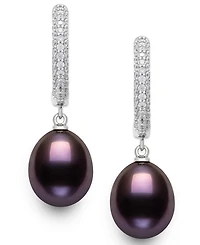 Belle de Mer Cultured Freshwater Peacock Black Pearl (10-11mm) and Lab Created Sapphire Drop Earrings in Sterling Silver