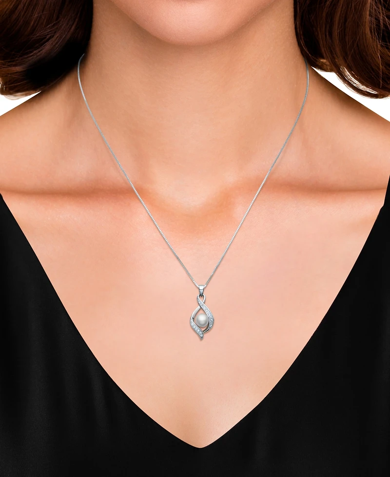 Belle de Mer Freshwater Button Pearl (6-7mm) and Lab Created Sapphire Necklace in Sterling Silver