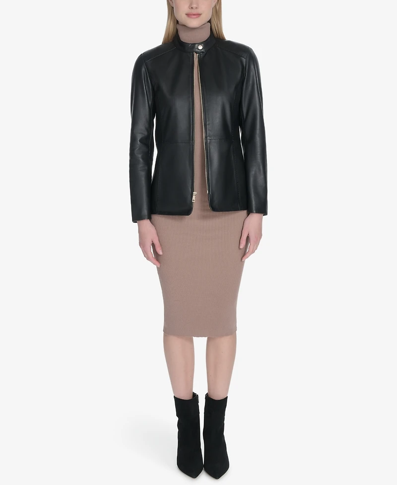 Cole Haan Women's Hand Stitched Detail Stand Collar Leather Jacket