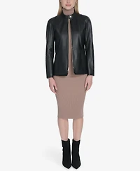 Cole Haan Women's Hand Stitched Detail Stand Collar Leather Jacket