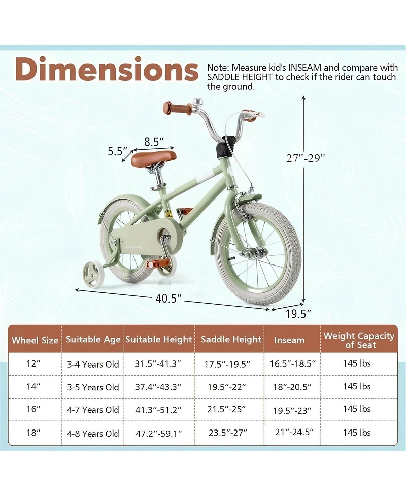Kids Bike with Adjustable Handlebar and Saddle Green-14 Inches