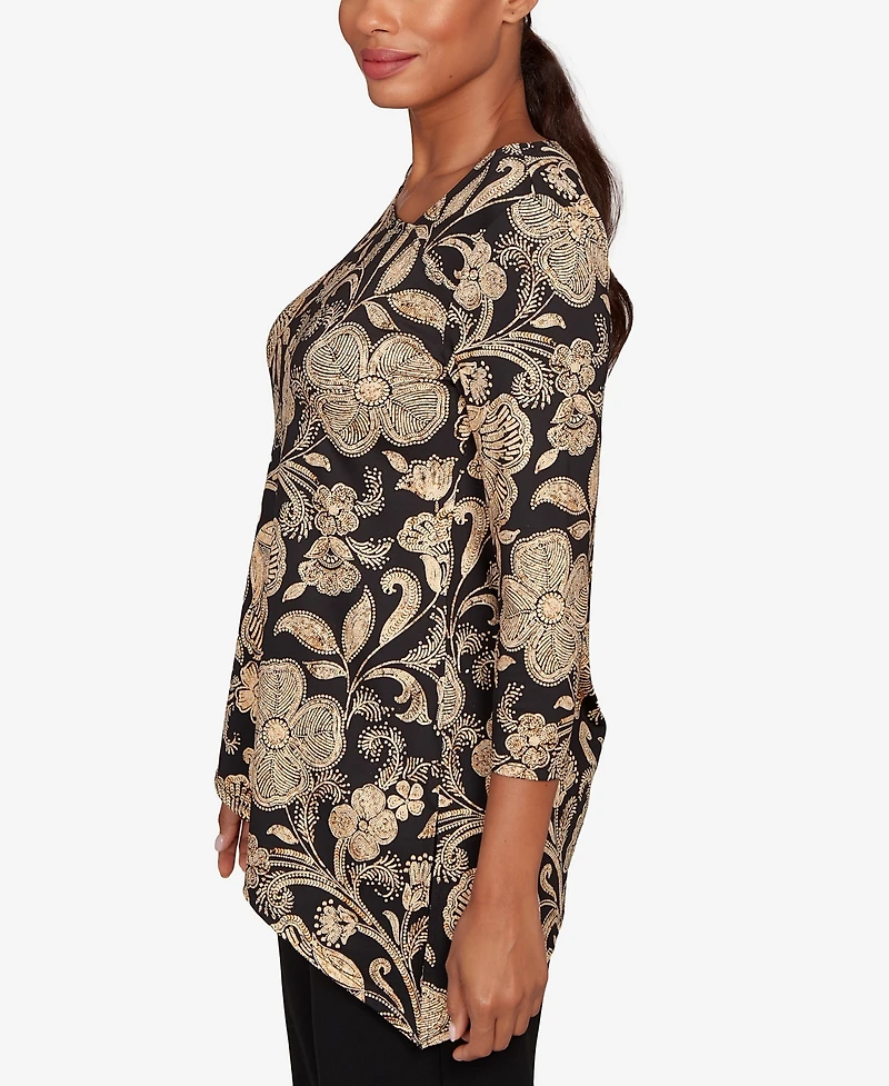 Ruby Rd. Petite Gold Foil Floral Printed Knit Top