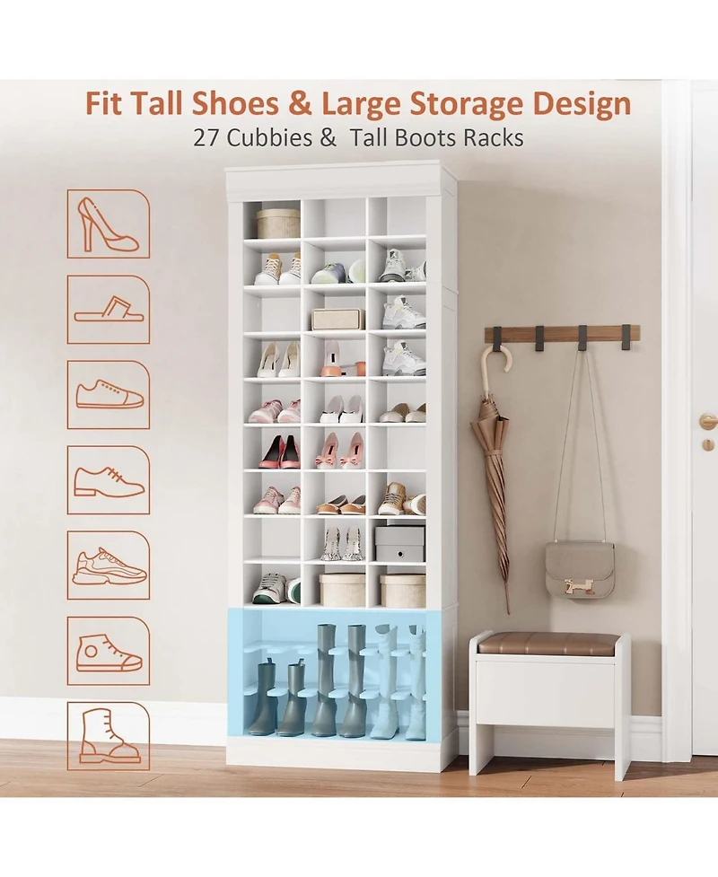 Shoe Cabinet, 10-Tier Entryway Storage Cabinet with 27 Cubbies and Tall Boots Storage, Freestanding Tall Shoe Organizer Racks for Entryway, White