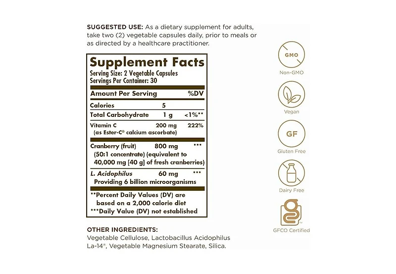 Solgar Cran Flora with Probiotics Plus Ester-c Vegetable Capsules ,60 V Caps