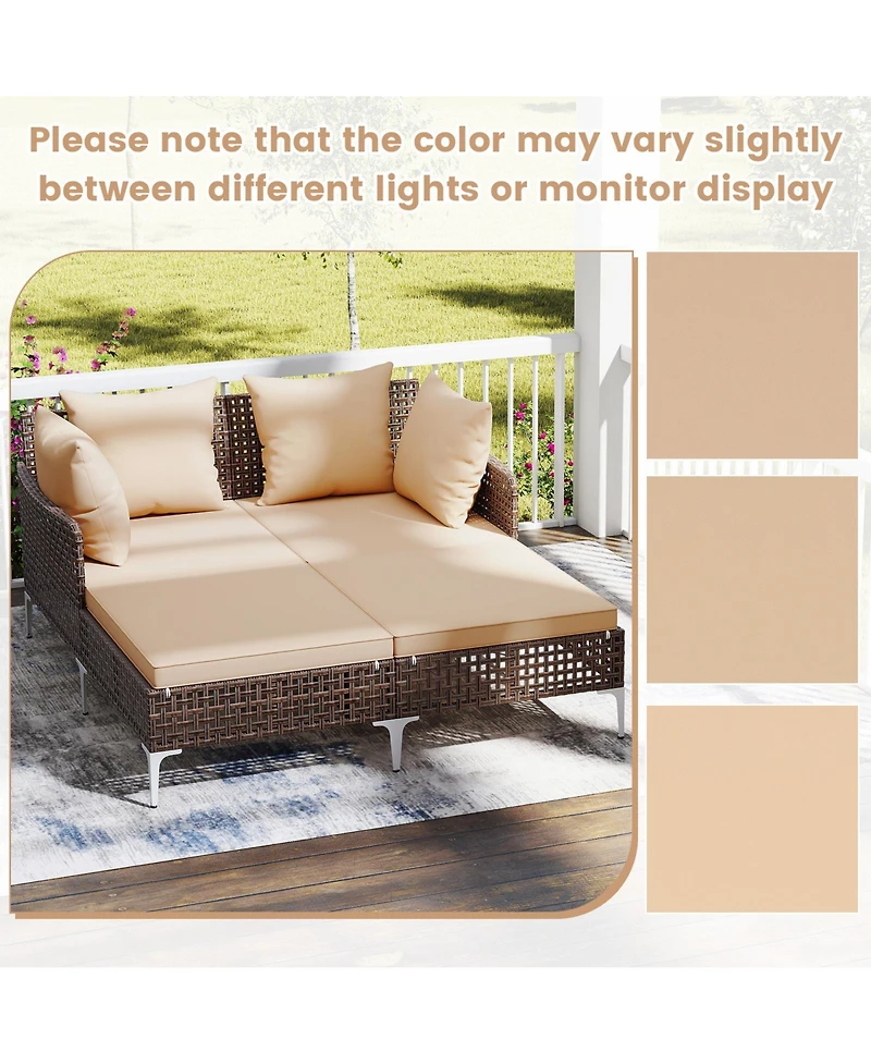Gymax Outdoor Rattan Double Daybed Wicker Chaise Lounge for 2 w/ Seat & Back Cushions