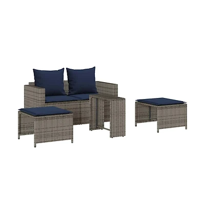 5 Piece Patio Sofa Set with Cushions Stackable Gray Poly Rattan