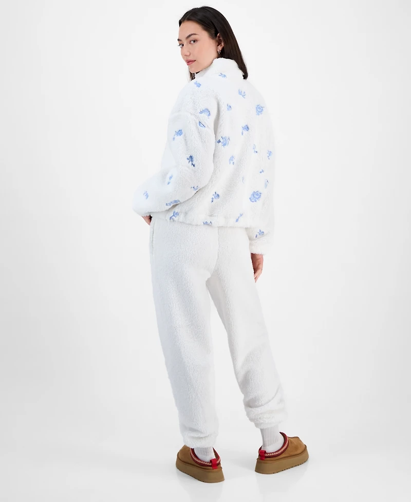Madden Girl Juniors' Floral Embroidered Sherpa Fleece Jogger Pants