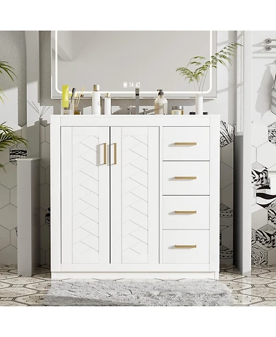 Lovmor 36inch Bathroom Vanity with Ceramic Sink Combo Solid Wood Frame Bathroom Storage Cabinet Freestanding Vanity Set with 3 Drawers Soft Closing Do