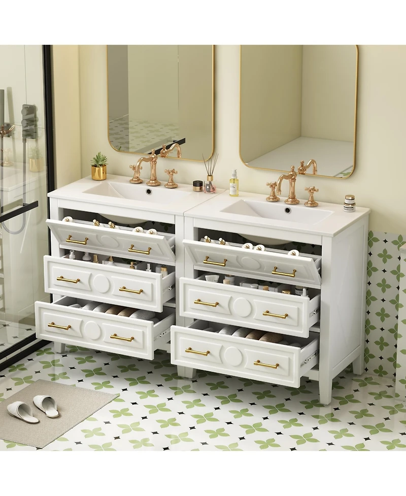 Lovmor 60inch Bathroom Vanity Set with Ceramic Sink Separate Free Standing Single Vanity Set with 3 Drawers Solid Wood Frame Bathroom Storage Cabinet