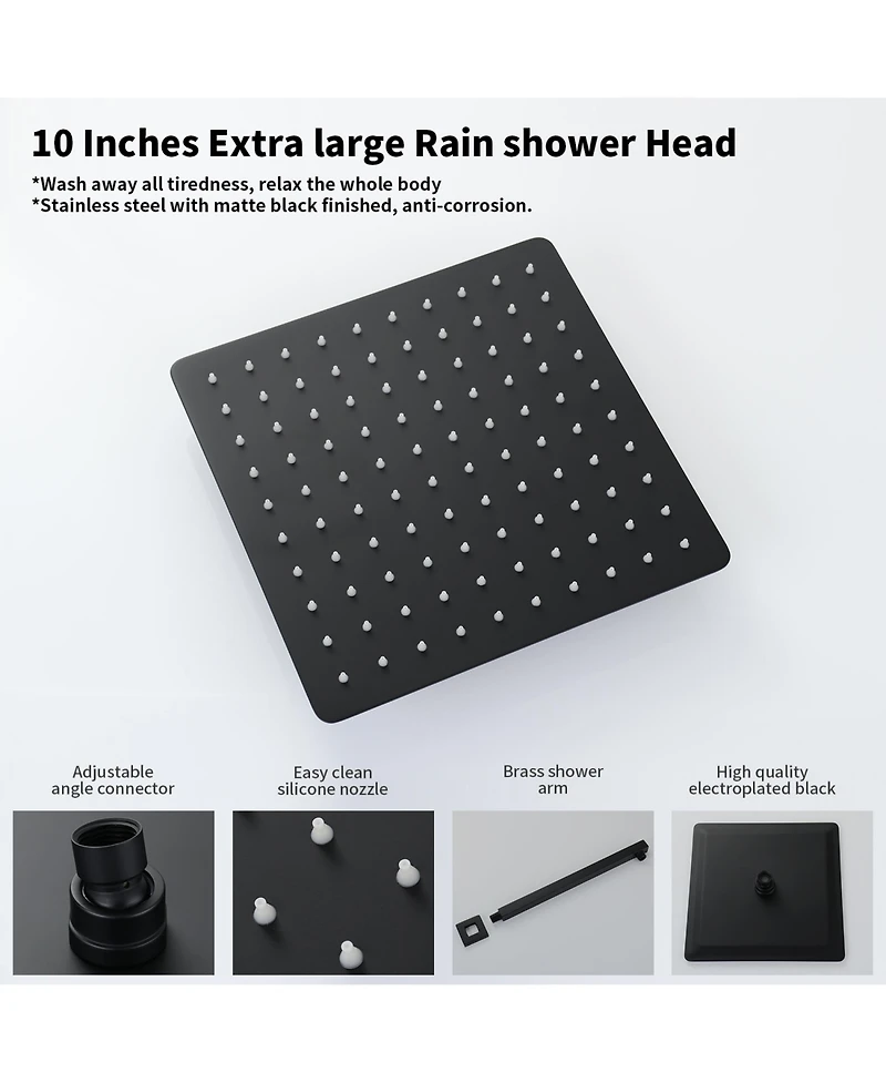 Rainsken Male Npt Waterfall Tub and Shower Faucet Set, 10-Inch Matte Black Rain Shower System, Black