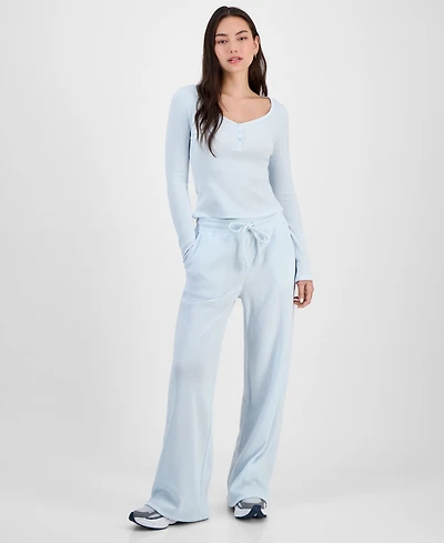 Madden Girl Juniors' Hacci Embroidered Long-Sleeve Henley