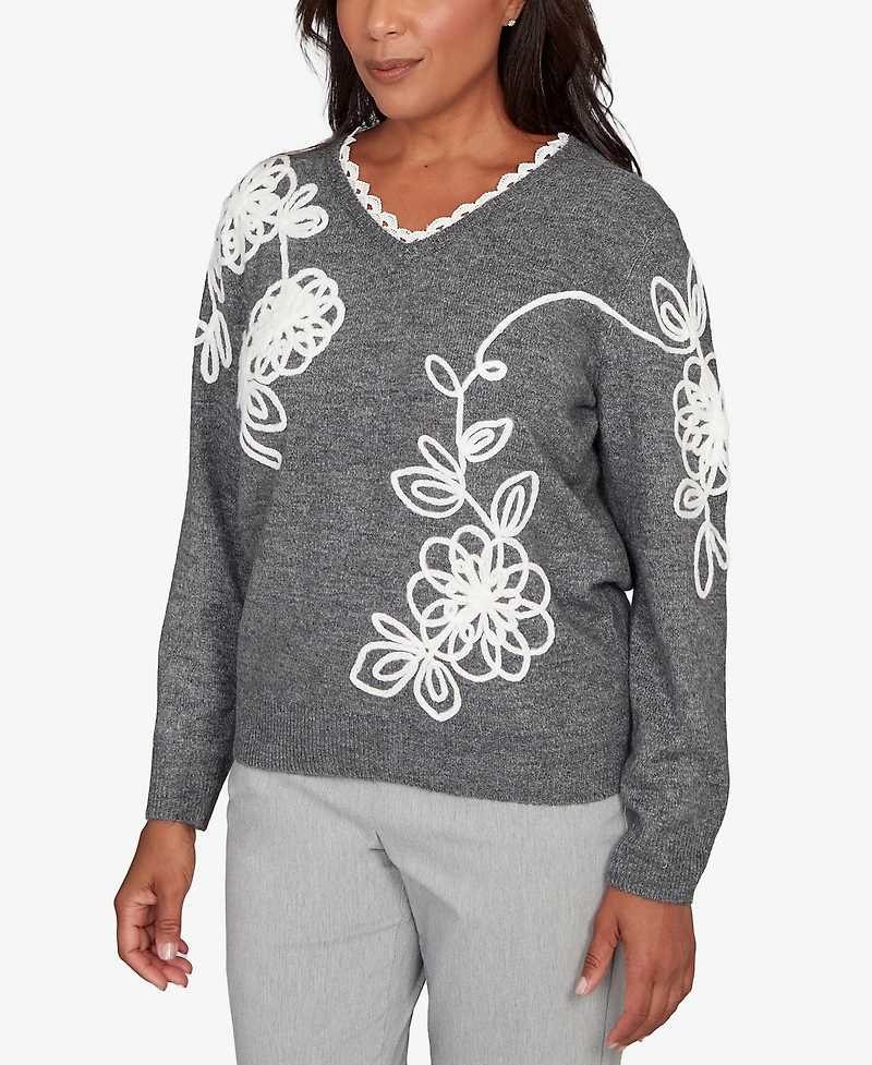 Alfred Dunner Petite Stockbridge Ruffle V-Neck Floral Soutache Sweater