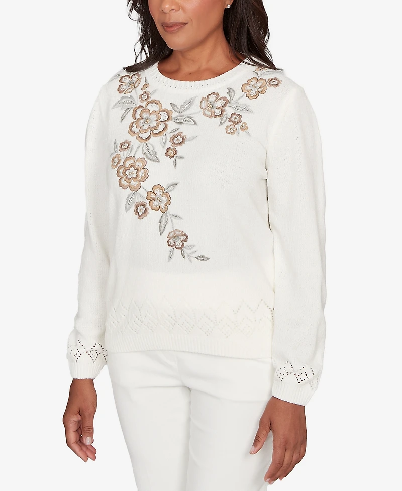 Alfred Dunner Petite Vienna Floral Embroidered Chenille Sweater