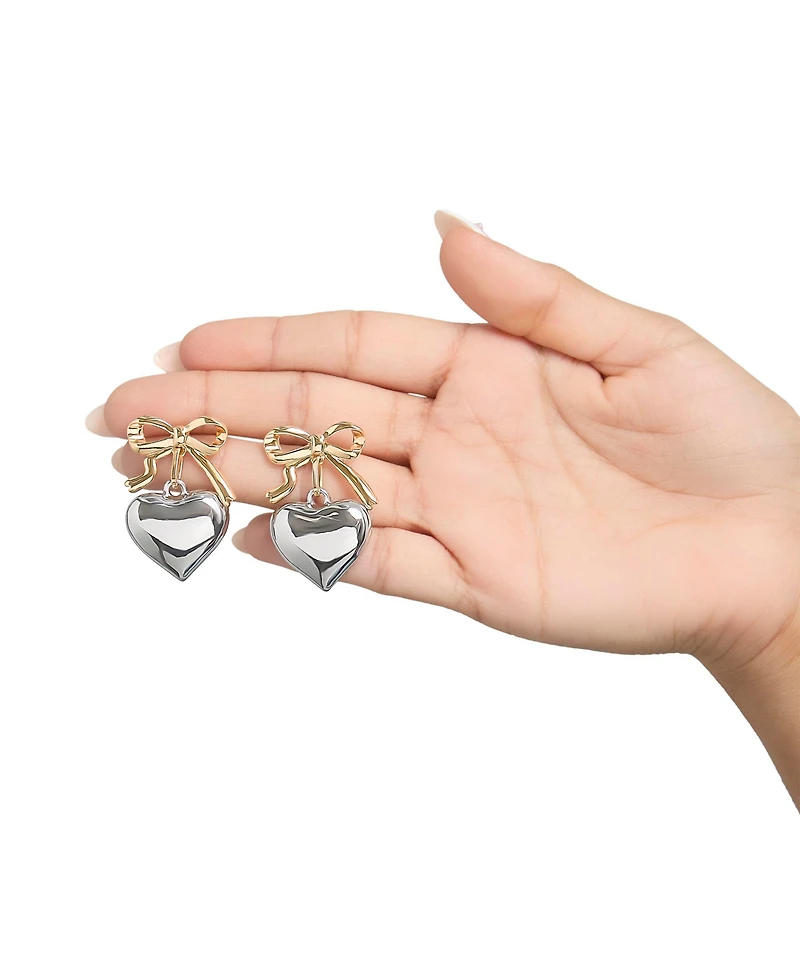 BCBGeneration Silver Heart Drop Earrings with Gold Bow Accent