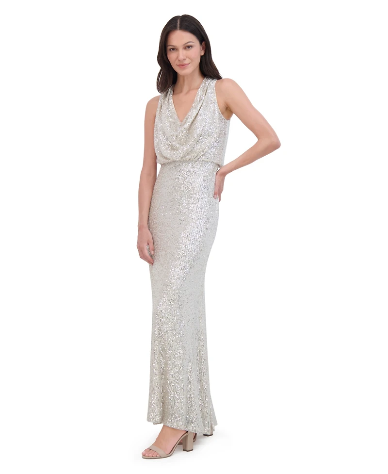 Eliza J Petite Sleeveless Cowl Neck Sequin Long Gown