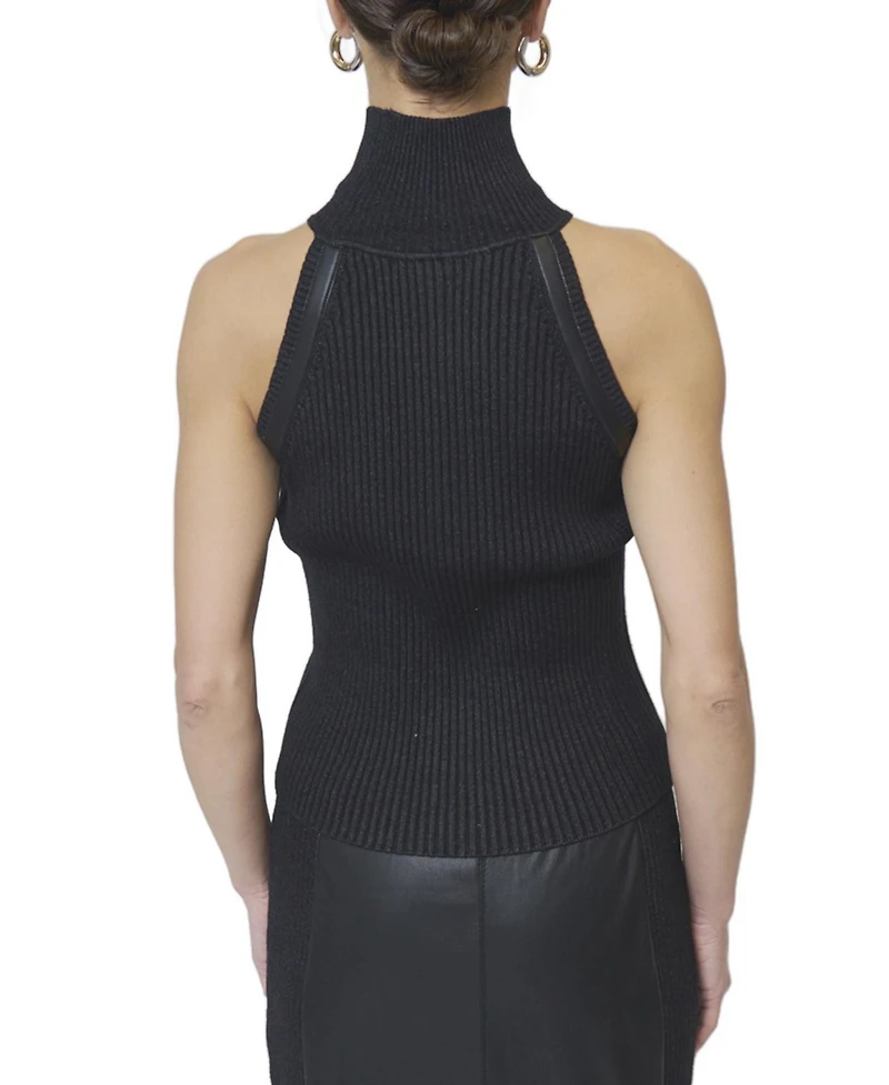 Central Park West Women's Milan Leather Accent Sleeveless T-Neck