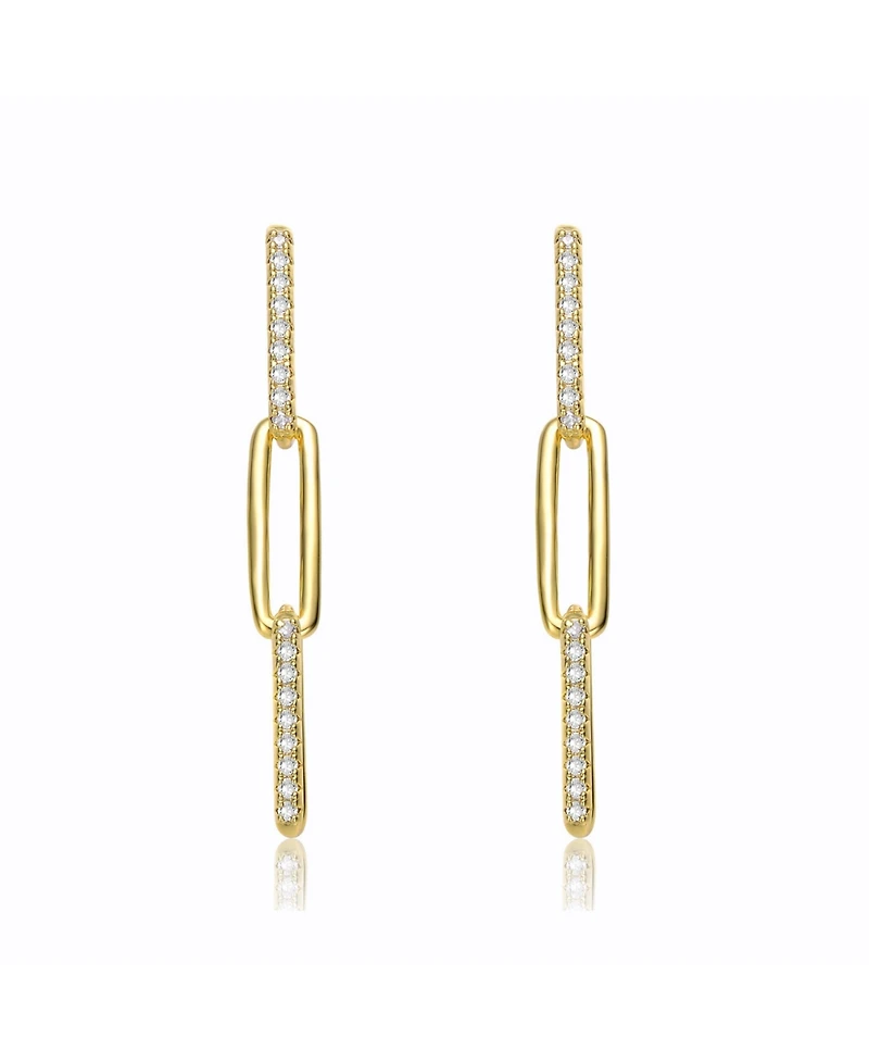 Classic 14k Yellow Gold Plated with Cubic Zirconia Triple Oblong Oval Cable Chain Drop Earrings