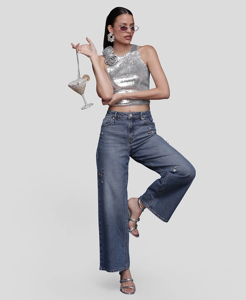Avec Les Filles Women's Bejeweled Wide Leg Jeans