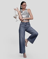Avec Les Filles Women's Bejeweled Wide Leg Jeans