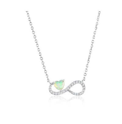Sterling Silver, White Opal Heart, Cz Infinity Necklace