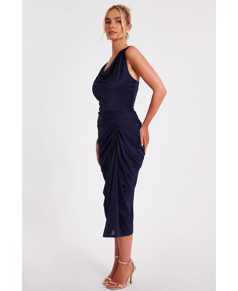 Quiz Women's Disco Cowl Hardware Detail Back Ruched Midi Dress