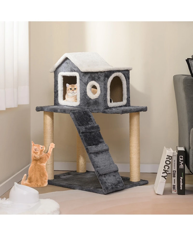 Gymax 35'' Modern Cat Tree 3-level Cat Condo Furniture w/ Openable Roof Sisal Scratching Posts