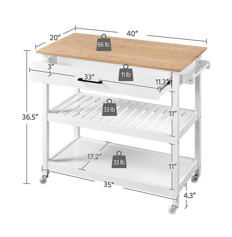 36” H 3-Layer Rolling Kitchen Island Cart on Wheels White