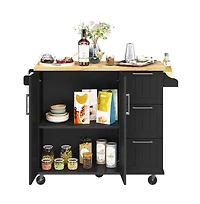 Kitchen Cart with Wood Top and Drop Leaf Breakfast Bar White