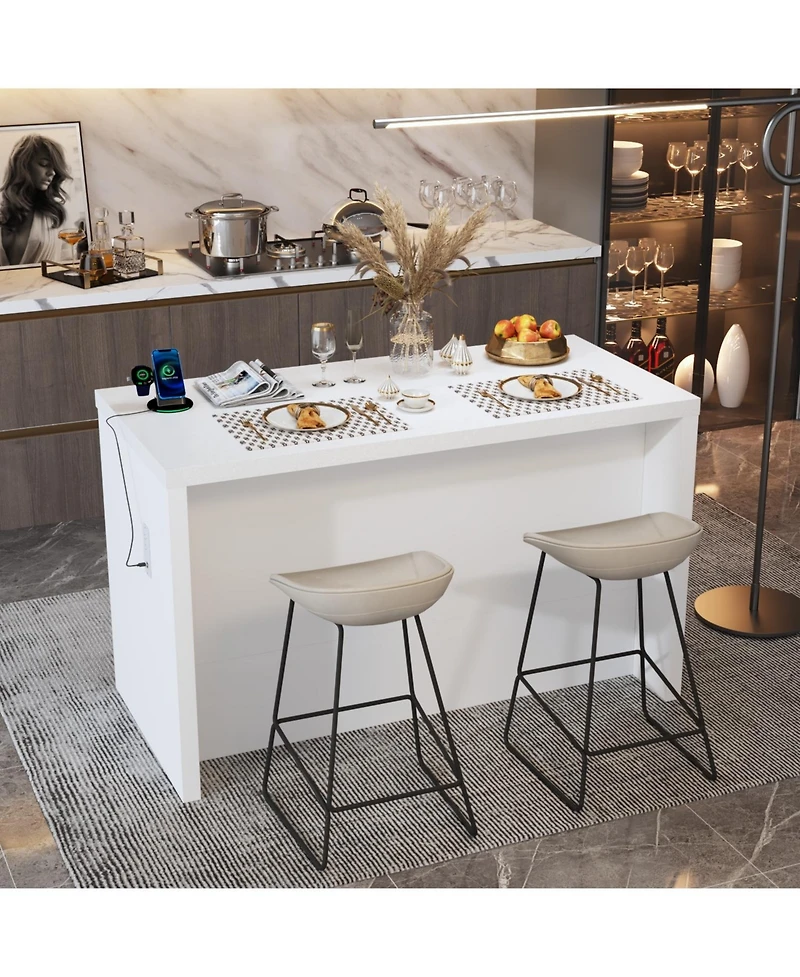 Kitchen island with 2 drawers, 4 doors, kitchen island storage table with sockets, coffee station and microwave rack for home, dining room