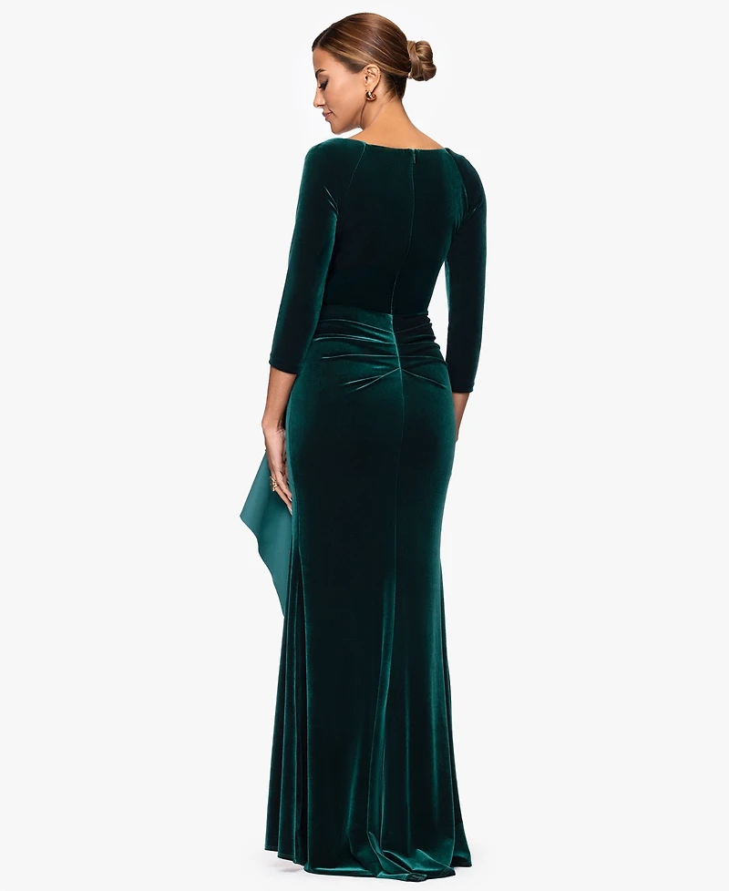 Xscape Women's V-Neck Ruffle-Front Long-Sleeve Gown