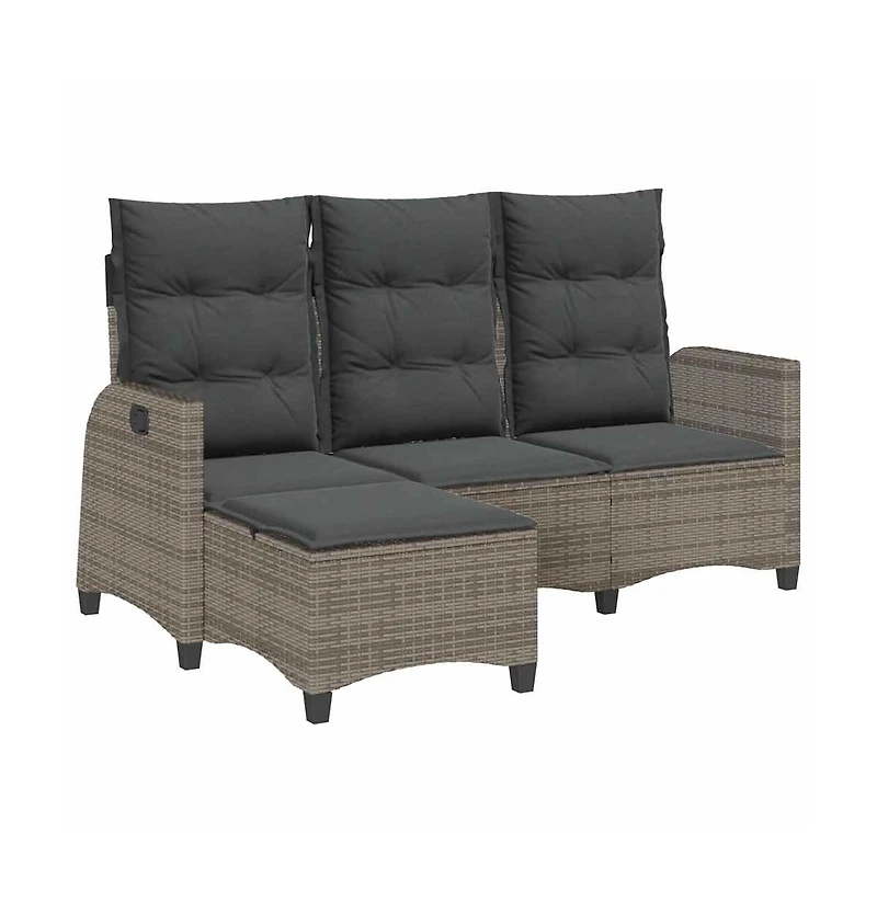 Reclining Garden Sofa Grey Pe Rattan, Powder-Coated Steel 3-Seater