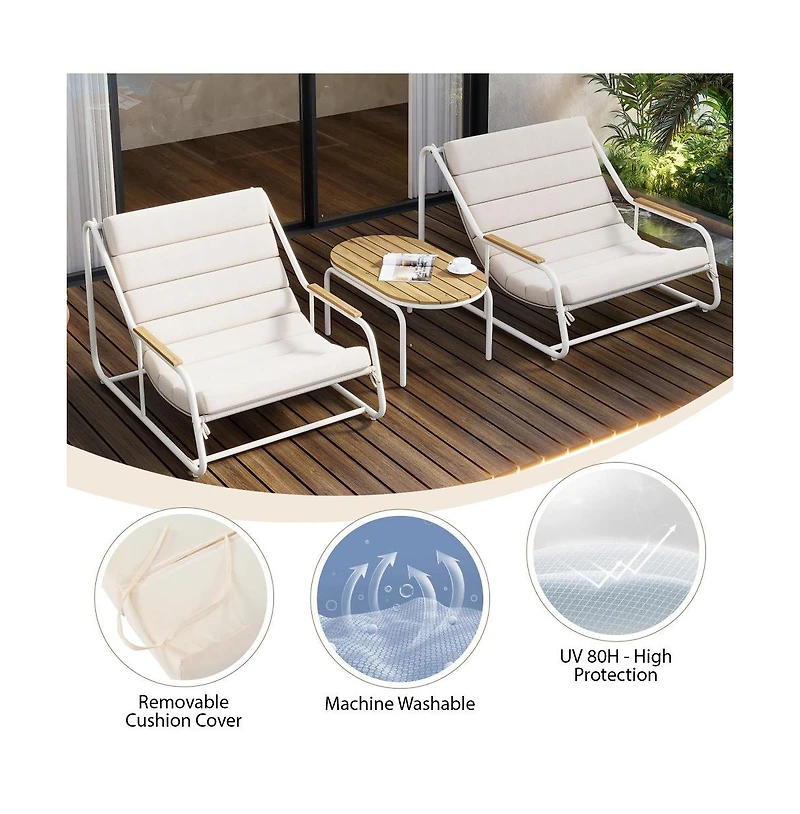 Chic Crate Outdoor Chaise Lounge Chairs Set of 3 with Acacia Side Table, Patio Pool Loungers for Lawn & Deck