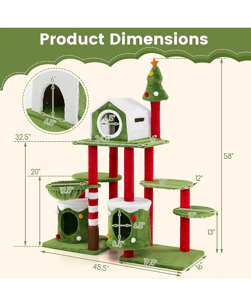 Gymax 48'' Mushroom Cat Tree for Indoor Cats w/ 2 Cute Condos Plush Perch Teasing Balls