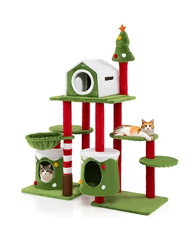 Gymax 48'' Mushroom Cat Tree for Indoor Cats w/ 2 Cute Condos Plush Perch Teasing Balls