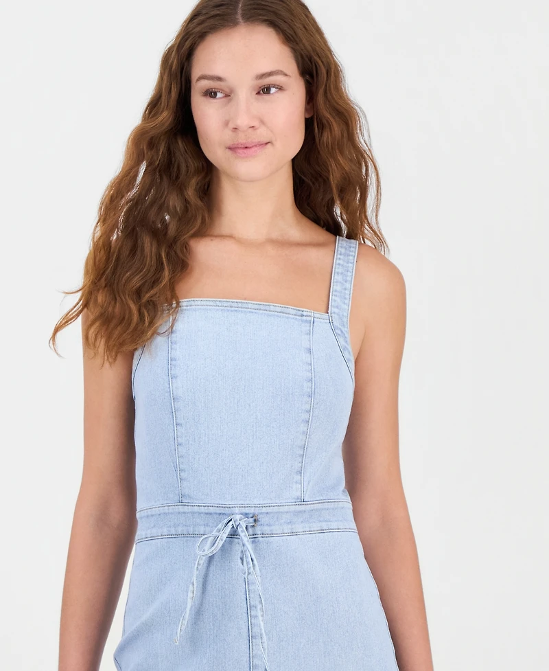 Tinseltown Juniors' Tie-Waist Denim Wide-Leg Jumpsuit
