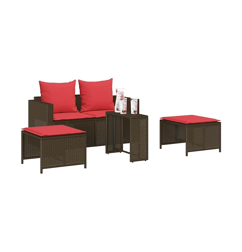 5 Piece Patio Sofa Set with Cushions Stackable Poly Rattan