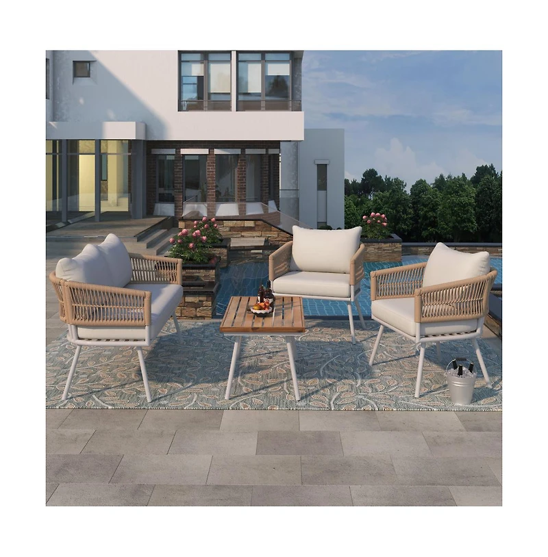 Chic Crate - 4-Piece Patio Furniture Set with Acacia Wood Table, Boho Rope Design & Cushions – Creamy Beige Outdoor Seating