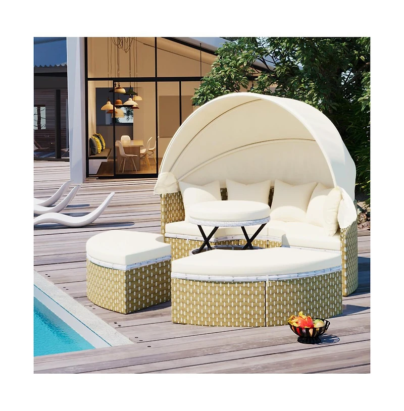 Chic Crate - Rattan Daybed Outdoor Sectional Sofa Set - Retractable Canopy with Removable Cushion & Separate Seating for Backyard & Poolside (Beige)
