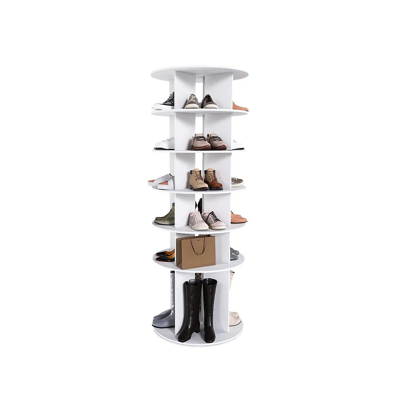 Chic Crate 6-Tier Rotating Shoe Rack Tower, 3608 Revolving Free Standing Organizer, Holds 24 Pairs White