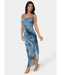 Bebe Women's Printed Chiffon Cowl Assy Maxi Dress