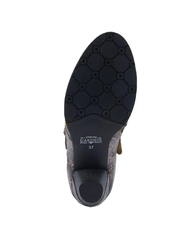 L Artiste Women s Graphic Handpainted Floral Leather Shooties with Antique Buckle and Stacked Heel