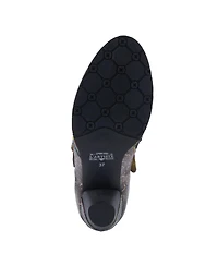 L Artiste Women s Graphic Handpainted Floral Leather Shooties with Antique Buckle and Stacked Heel
