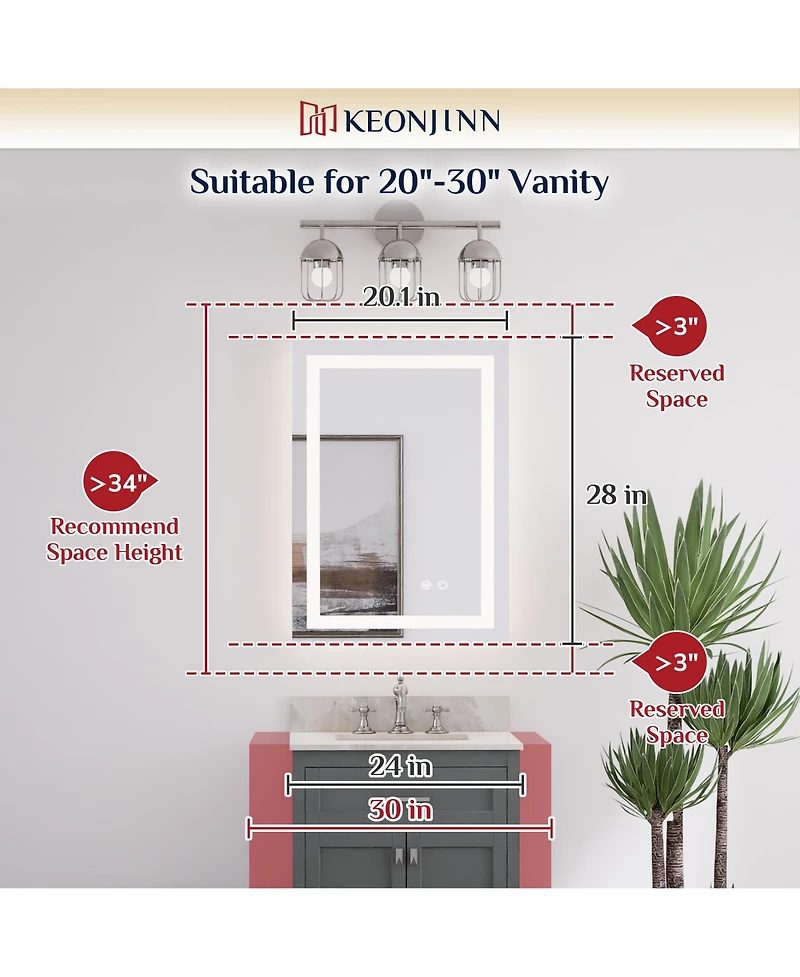 keonjinn Inch Led Bathroom Vanity Mirror Tempered Glass Front & Backlit Dimmable 3 Color Lighted Mirror Anti-fog Memory Function Frameless