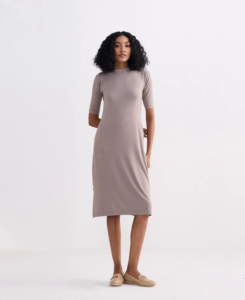 Reistor Women's High Crew Neck Elbow Sleeves Fitted Dress Dusty Brown