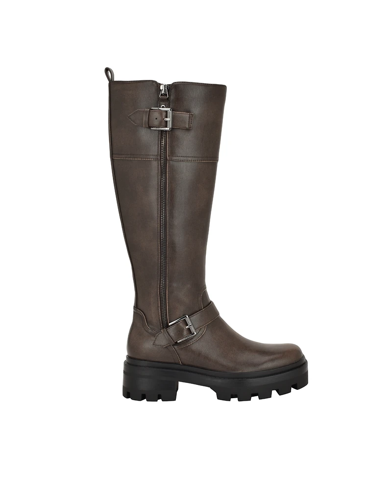 Guess Women's Lynnie Wide Calf Tall Buckle Moto Lug Boots