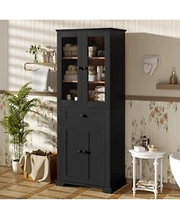 Lovmor 67inch Tall Bathroom Storage Cabinet with Tempered Glass Doors Adjustable Shelves Drawer Modern Freestanding Linen Tower Soft Close Design