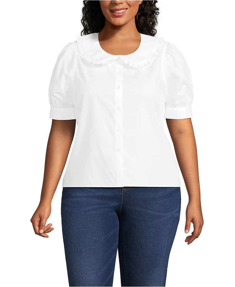 Lands' End Plus Size Carefree Cotton Puff Sleeve Statement Collar Shirt
