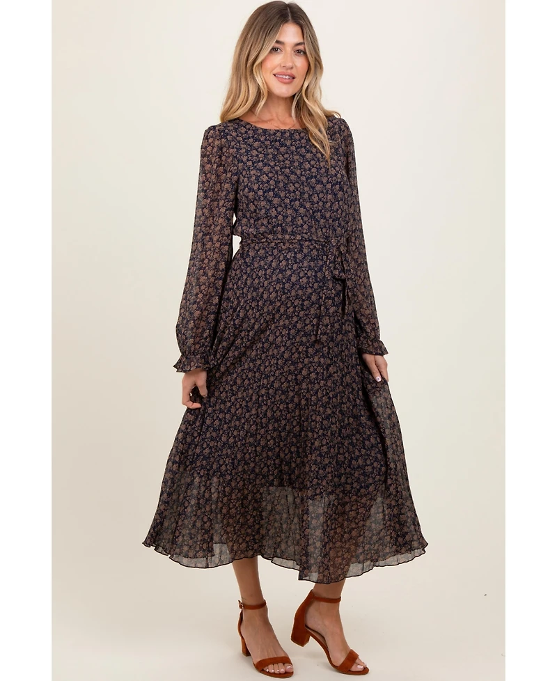 Pinkblush Maternity Navy Blue Floral Front Tie Pleated Midi Dress