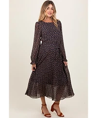 Pinkblush Maternity Navy Blue Floral Front Tie Pleated Midi Dress