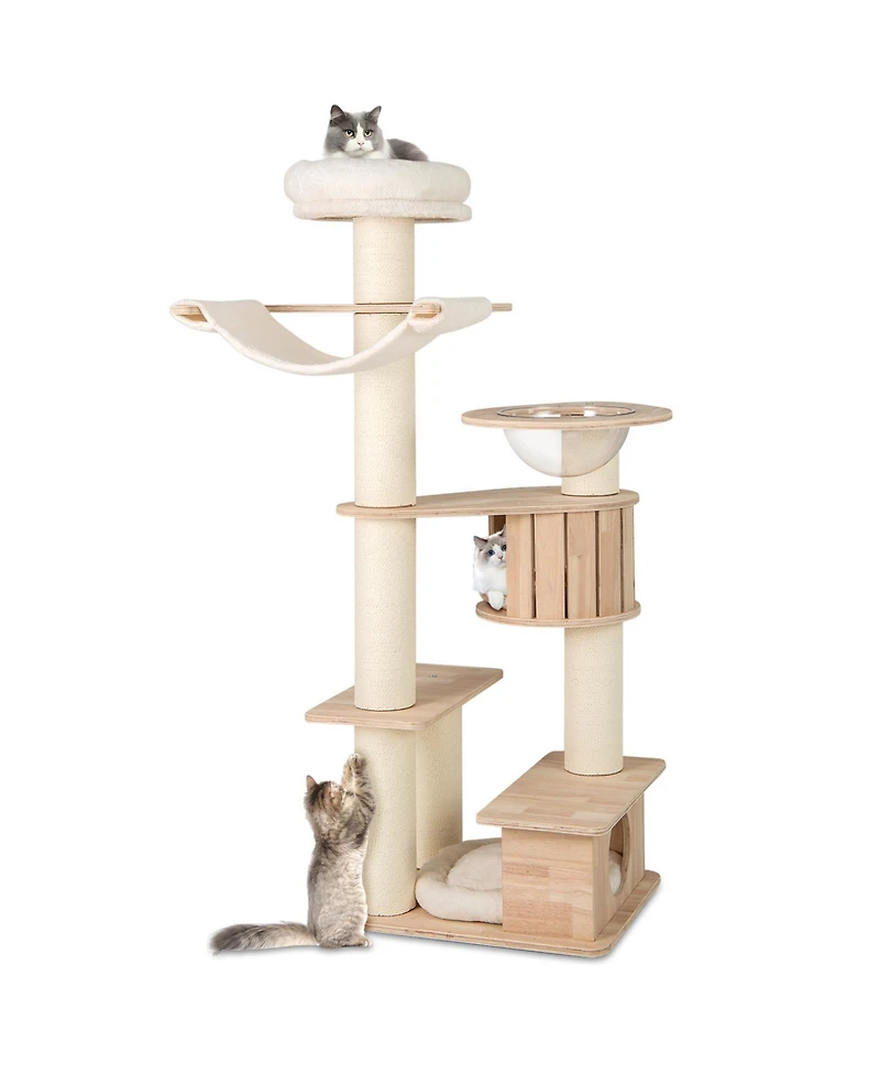 Gymax 69'' Tall Cat Tree Wooden Kitten Tower w/ 2 Condos Cozy Top Perch Space Capsule
